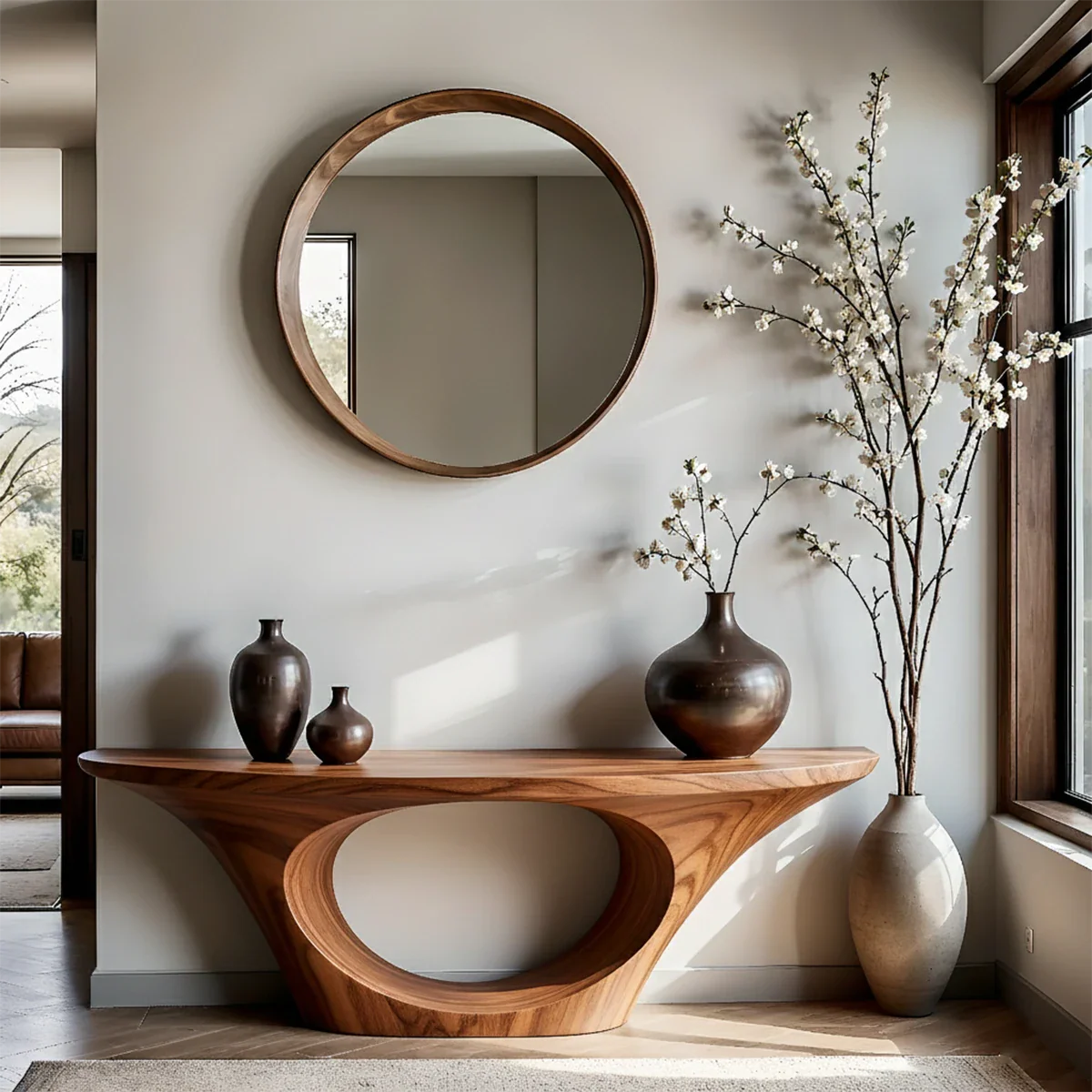 Modern Entryway Console Table Natural Solid Wood Sculptural Oval Hollow Base - ArborisWood - 7