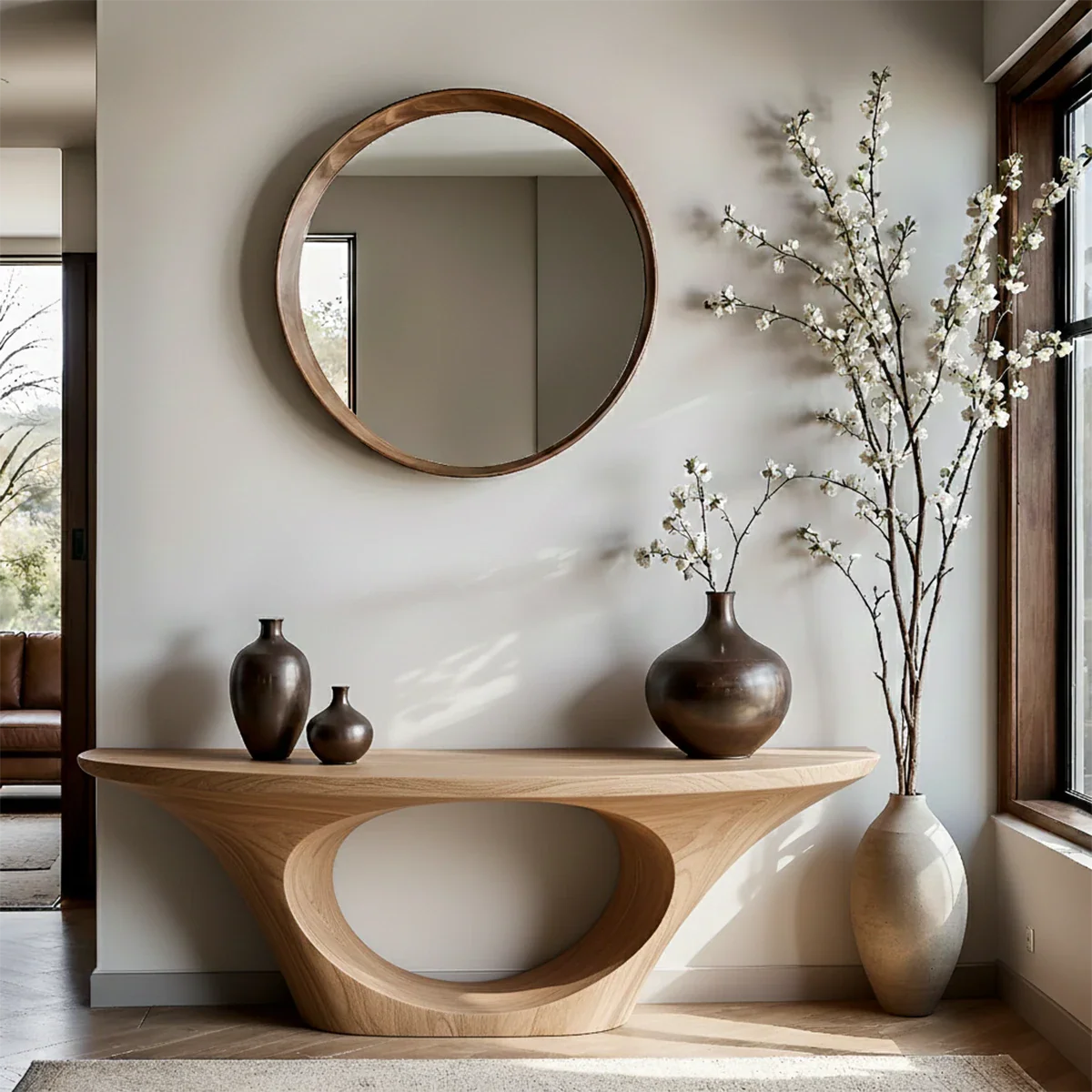 Modern Entryway Console Table Natural Solid Wood Sculptural Oval Hollow Base - ArborisWood - 8