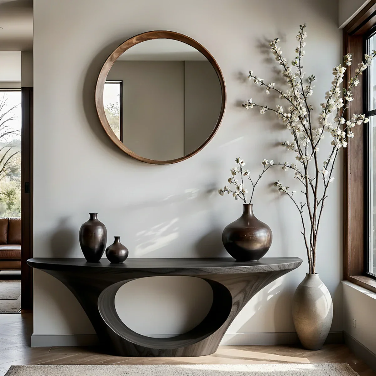 Modern Entryway Console Table Natural Solid Wood Sculptural Oval Hollow Base - ArborisWood - 9