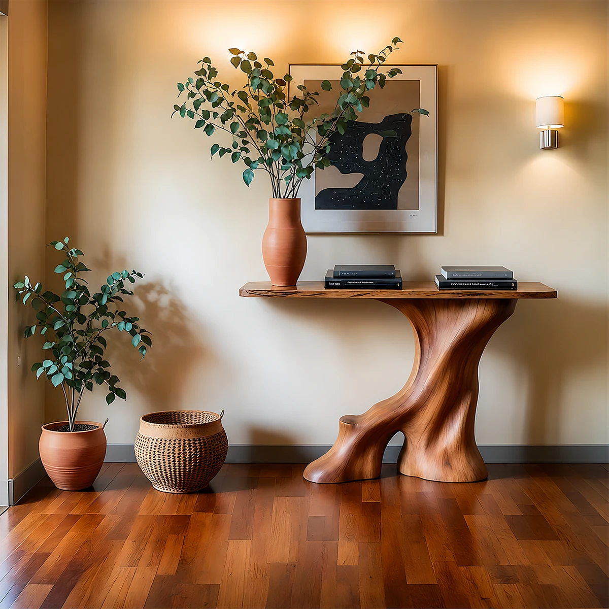 Modern Entryway Console Table Sculptural Base Natural Solid Wood Design - ArborisWood - 11
