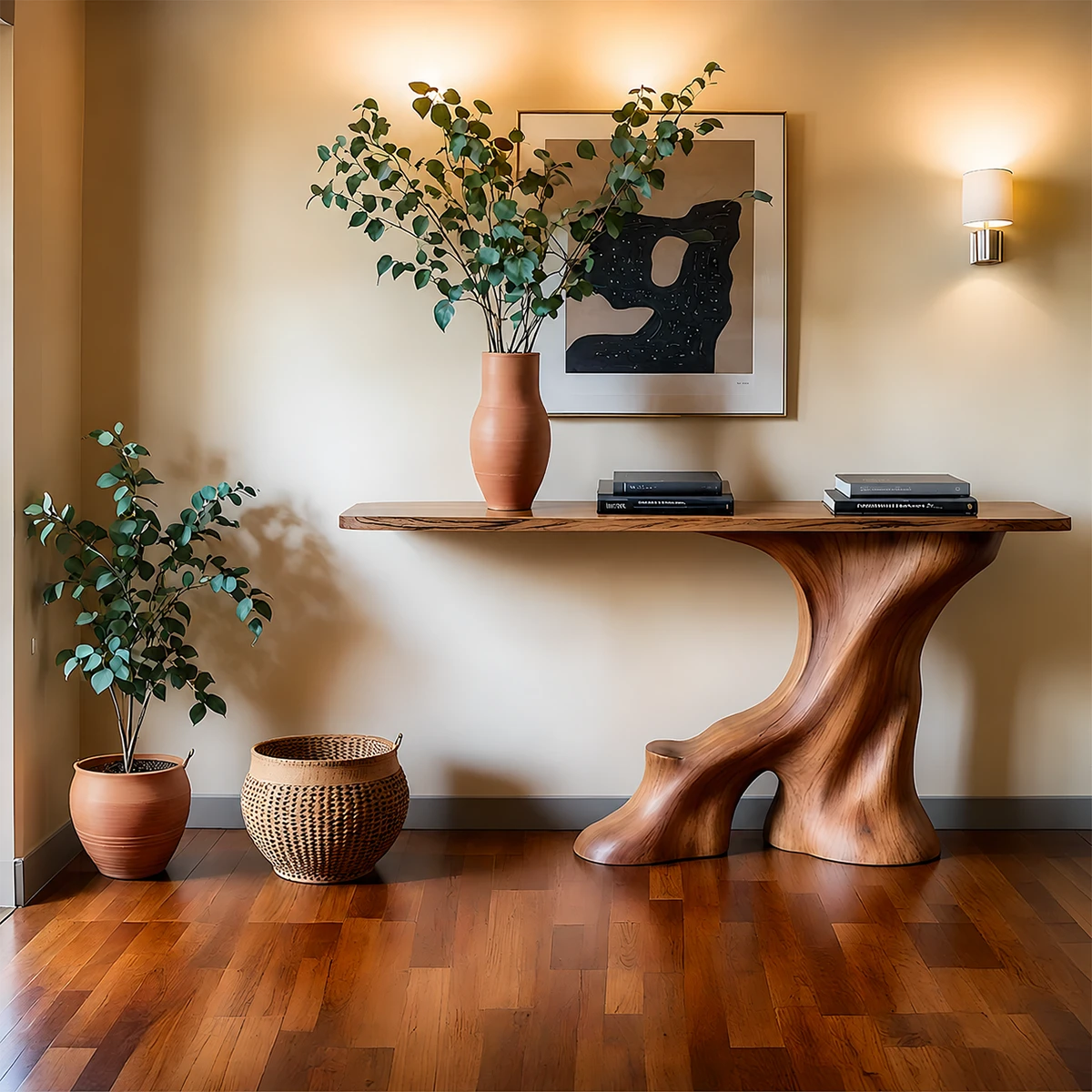 Modern Entryway Console Table Sculptural Base Natural Solid Wood Design - ArborisWood - 12