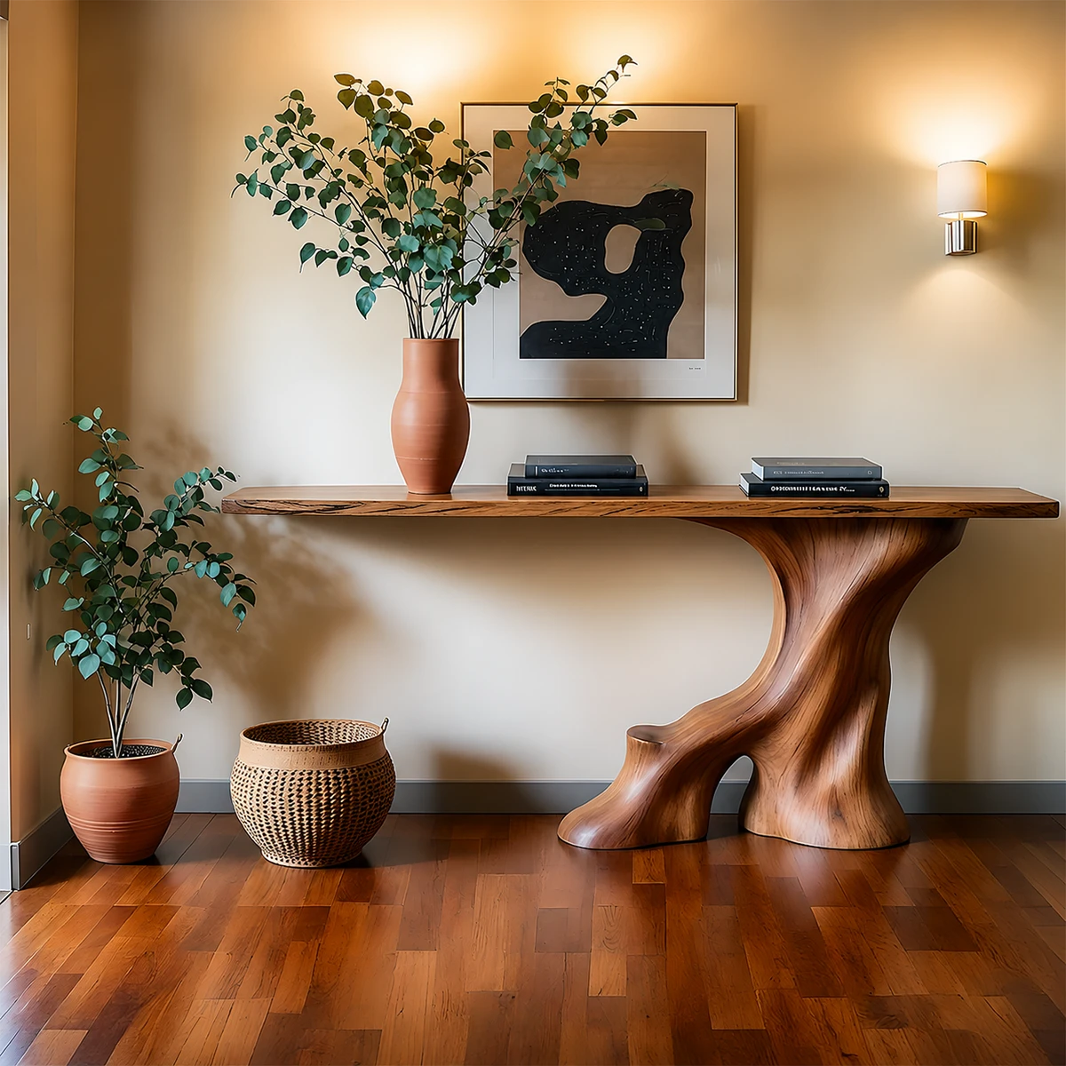 Modern Entryway Console Table Sculptural Base Natural Solid Wood Design - ArborisWood - 14