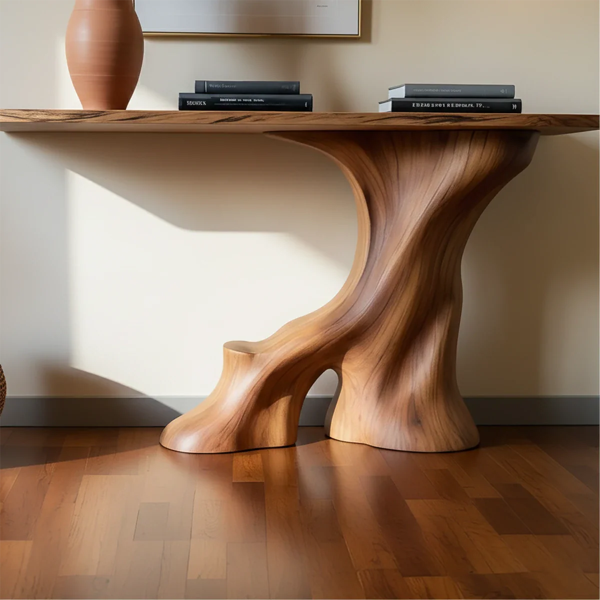 Modern Entryway Console Table Sculptural Base Natural Solid Wood Design - ArborisWood - 3