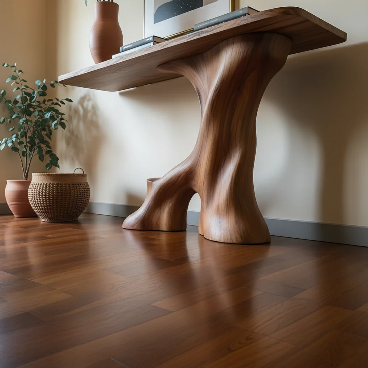 Modern Entryway Console Table Sculptural Base Natural Solid Wood Design - ArborisWood - 4