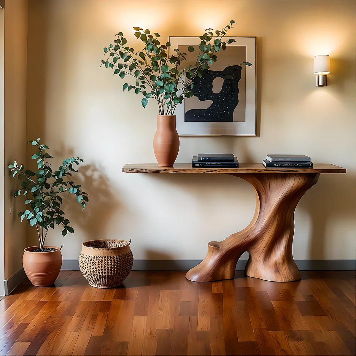 Modern Entryway Console Table Sculptural Base Natural Solid Wood Design - ArborisWood