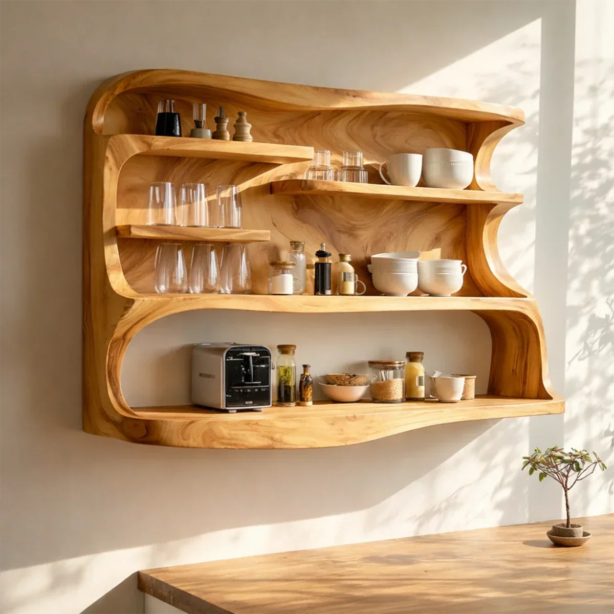 Modern Kitchen Display Shelving in Natural Wood with Curved Open Storage Design - Arboriswood - 6