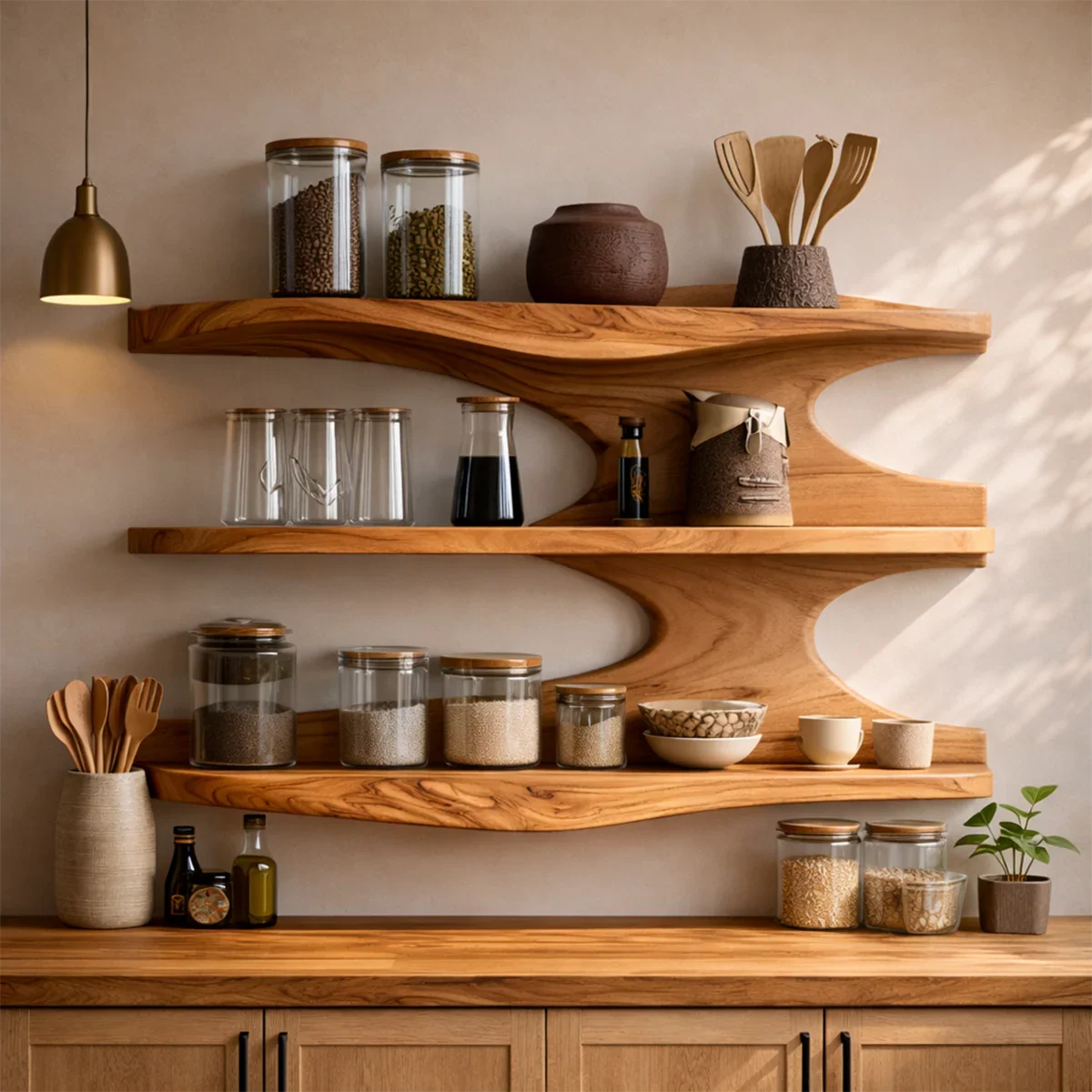 Modern kitchen wall cabinet with organic wood shelves and open storage for everyday essentials