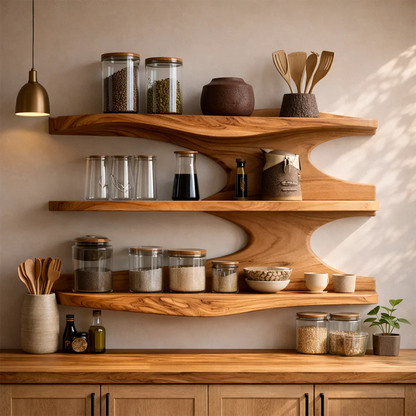 Modern kitchen wall cabinet with organic wood shelves and open storage for everyday essentials
