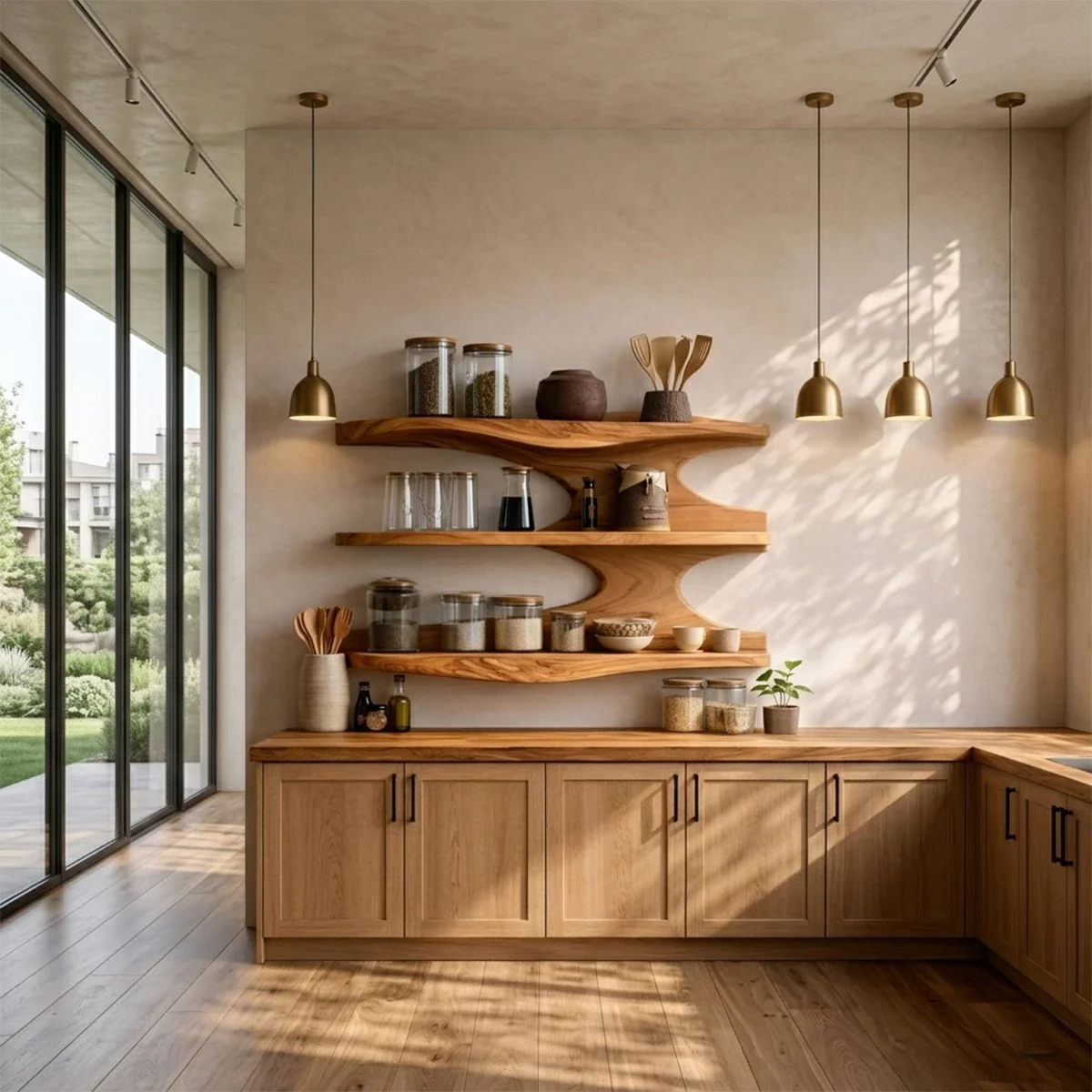 Sculpted kitchen shelving unit featuring flowing wood design and multi tier open storage space