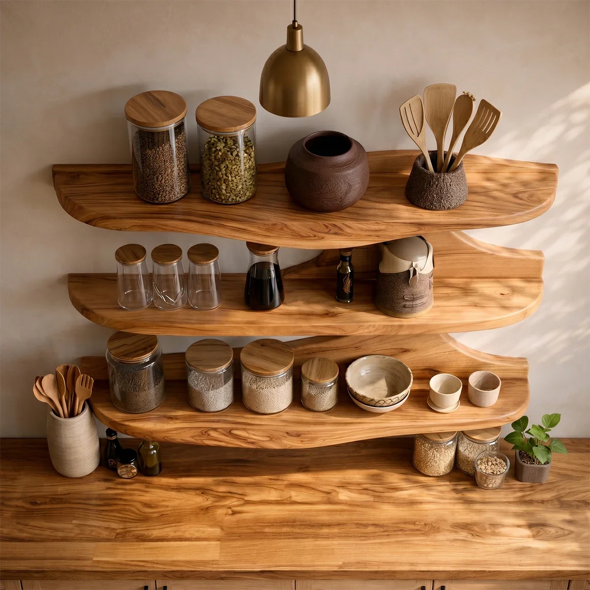 Contemporary wall mounted kitchen cabinet with curved wood shelves for minimalist interiors