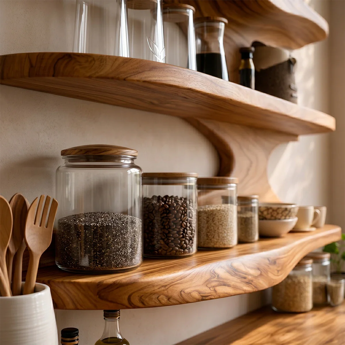 Open kitchen storage cabinet with organic wood structure and layered floating shelf design