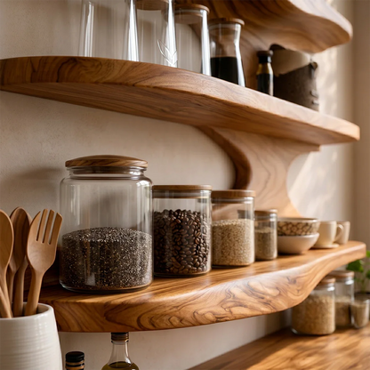 Open kitchen storage cabinet with organic wood structure and layered floating shelf design
