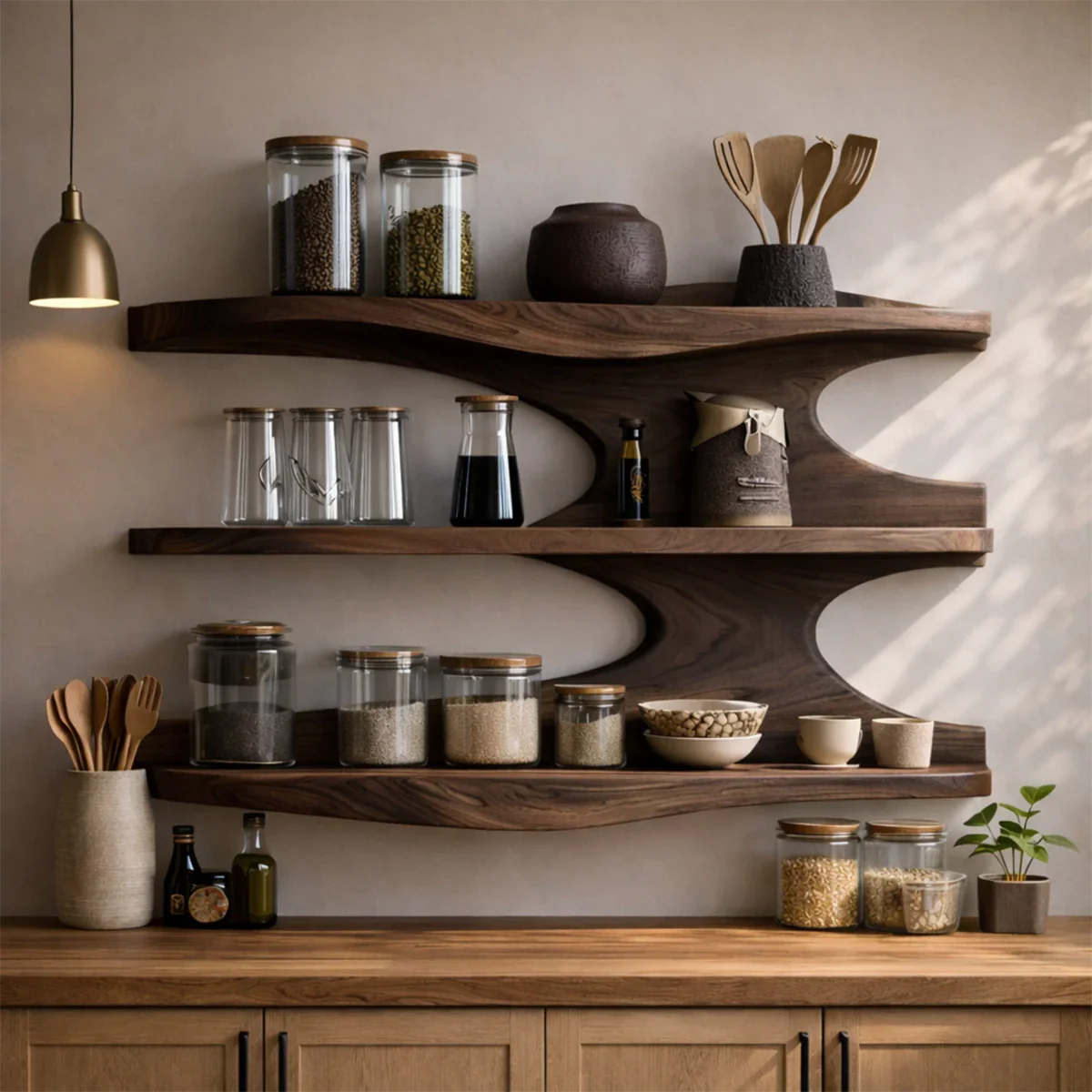 Artistic kitchen wall shelving with fluid wood form and practical open storage layout