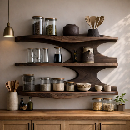 Artistic kitchen wall shelving with fluid wood form and practical open storage layout