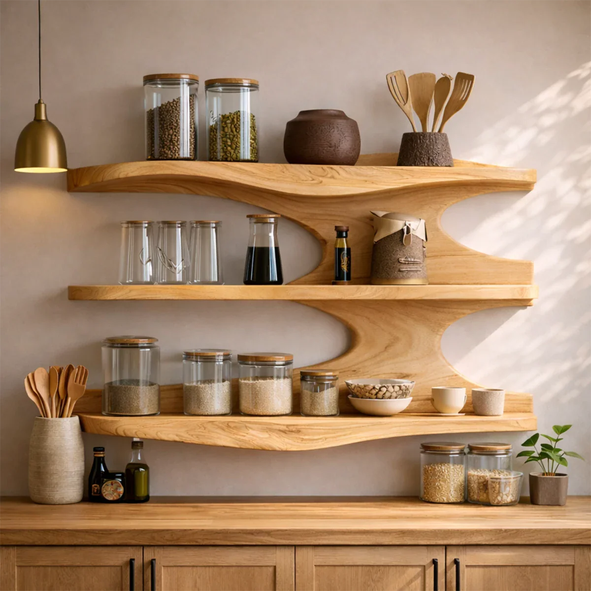 Minimalist kitchen cabinet with smooth wood curves and functional open shelving system