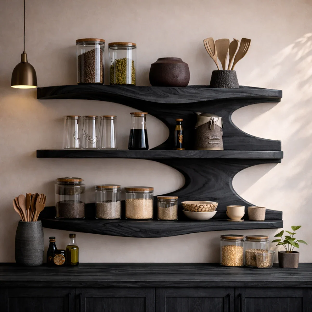 Designer kitchen wall storage with sculptural wood lines and multi level open shelves