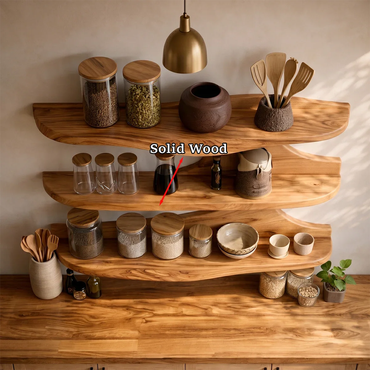 Elegant kitchen shelving unit with organic wood form and open display storage design