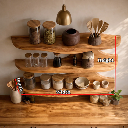 Unique kitchen cabinet with flowing wood silhouette and spacious open shelving arrangement