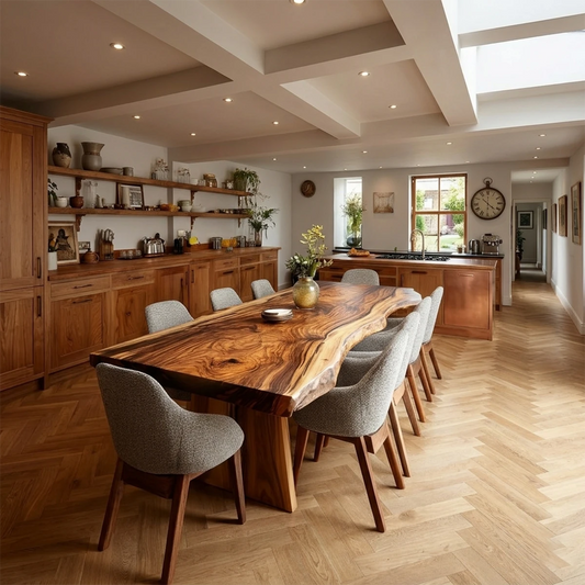 Warm kitchen interior with a modern live edge dining table crafted from solid wood and natural grain