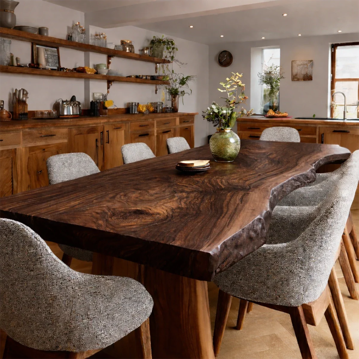 Natural textures define this kitchen, centered around a live edge wood dining table with sculptural base
