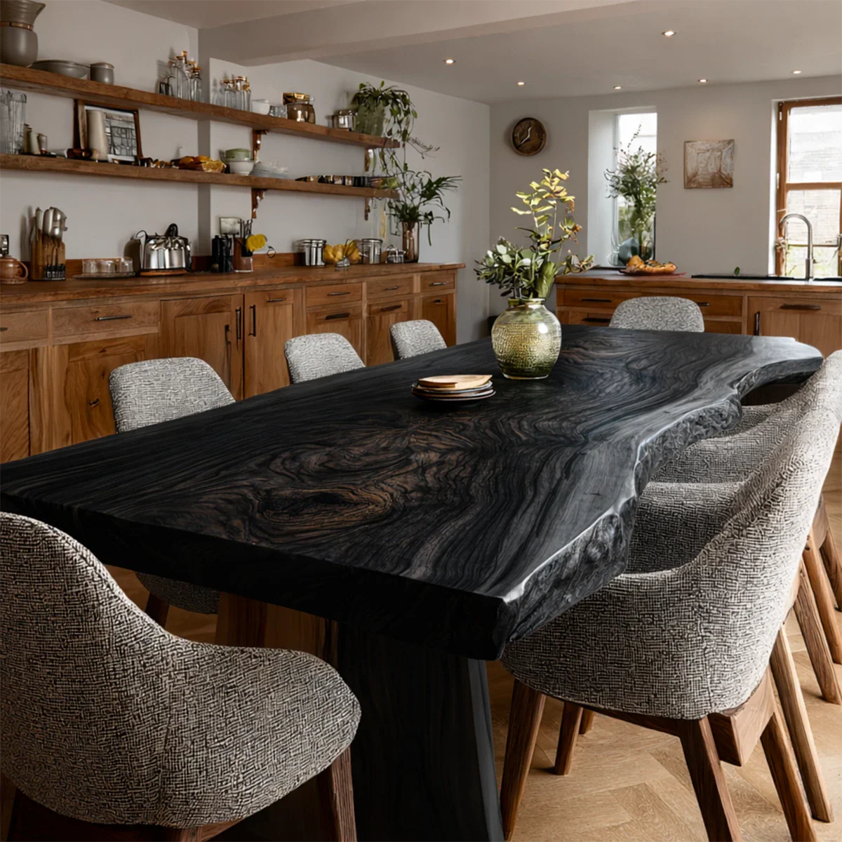 This elegant dining setup includes a premium wood table with natural grain and clean modern styling