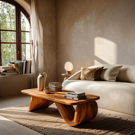 Low coffee table with natural wood finish and sculpted base for warm minimalist living room