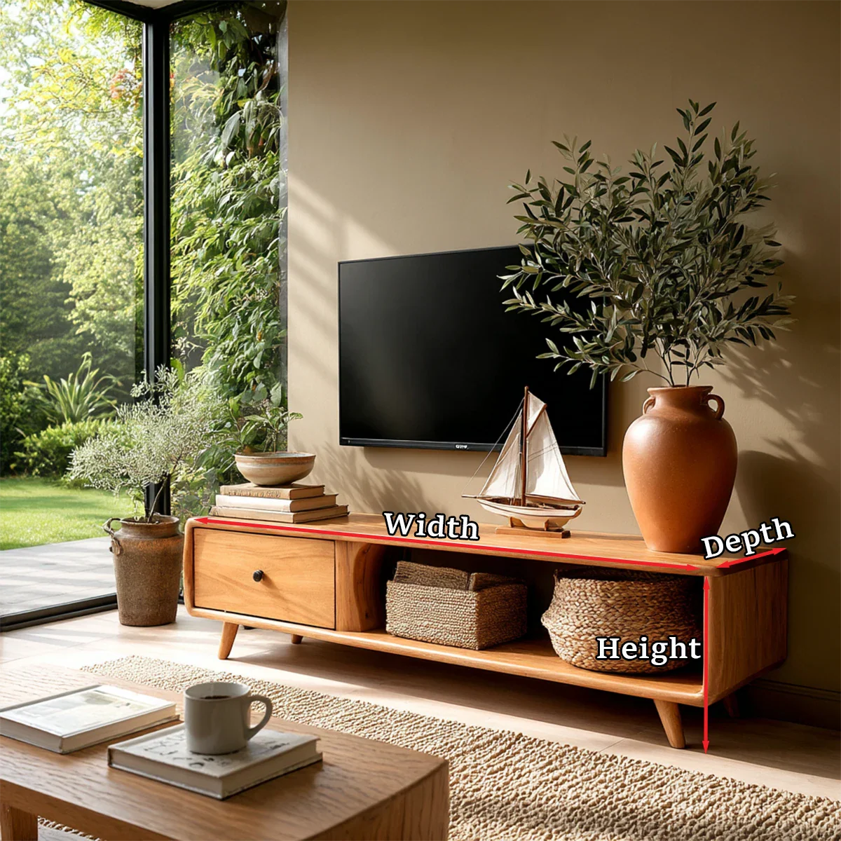Modern Low Profile TV Stand in Natural Solid Wood with Drawer and Open Shelf - ArborisWood - 11