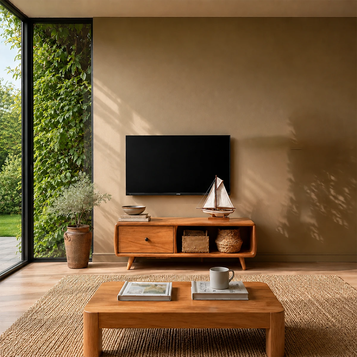 Modern Low Profile TV Stand in Natural Solid Wood with Drawer and Open Shelf - ArborisWood - 12