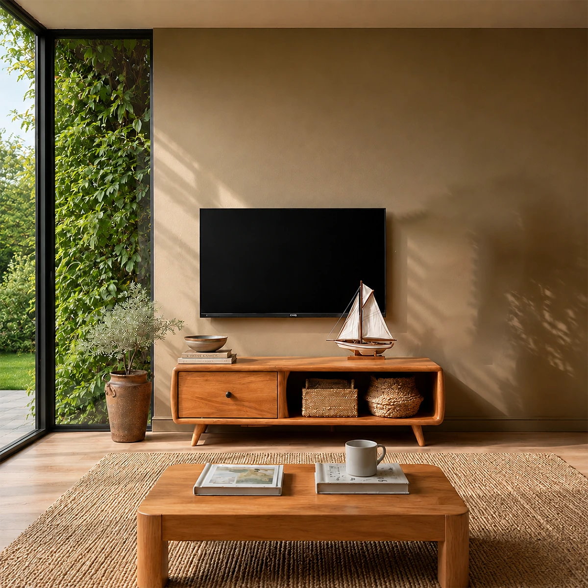 Modern Low Profile TV Stand in Natural Solid Wood with Drawer and Open Shelf - ArborisWood - 13