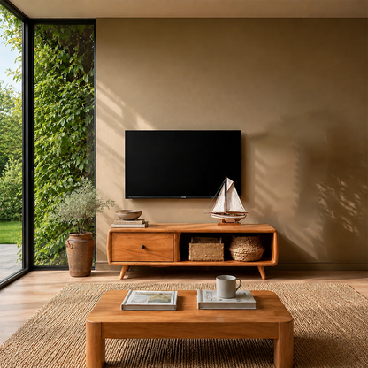 Modern Low Profile TV Stand in Natural Solid Wood with Drawer and Open Shelf - ArborisWood - 13