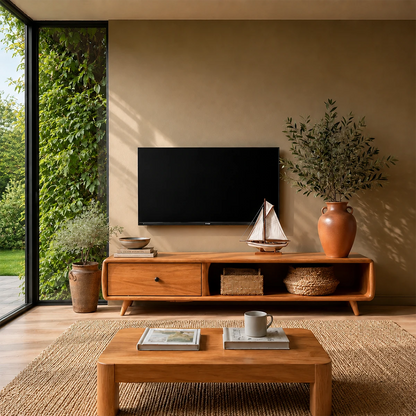 Modern Low Profile TV Stand in Natural Solid Wood with Drawer and Open Shelf - ArborisWood - 14