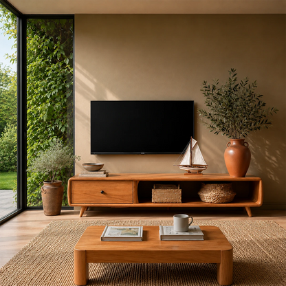 Modern Low Profile TV Stand in Natural Solid Wood with Drawer and Open Shelf - ArborisWood - 15