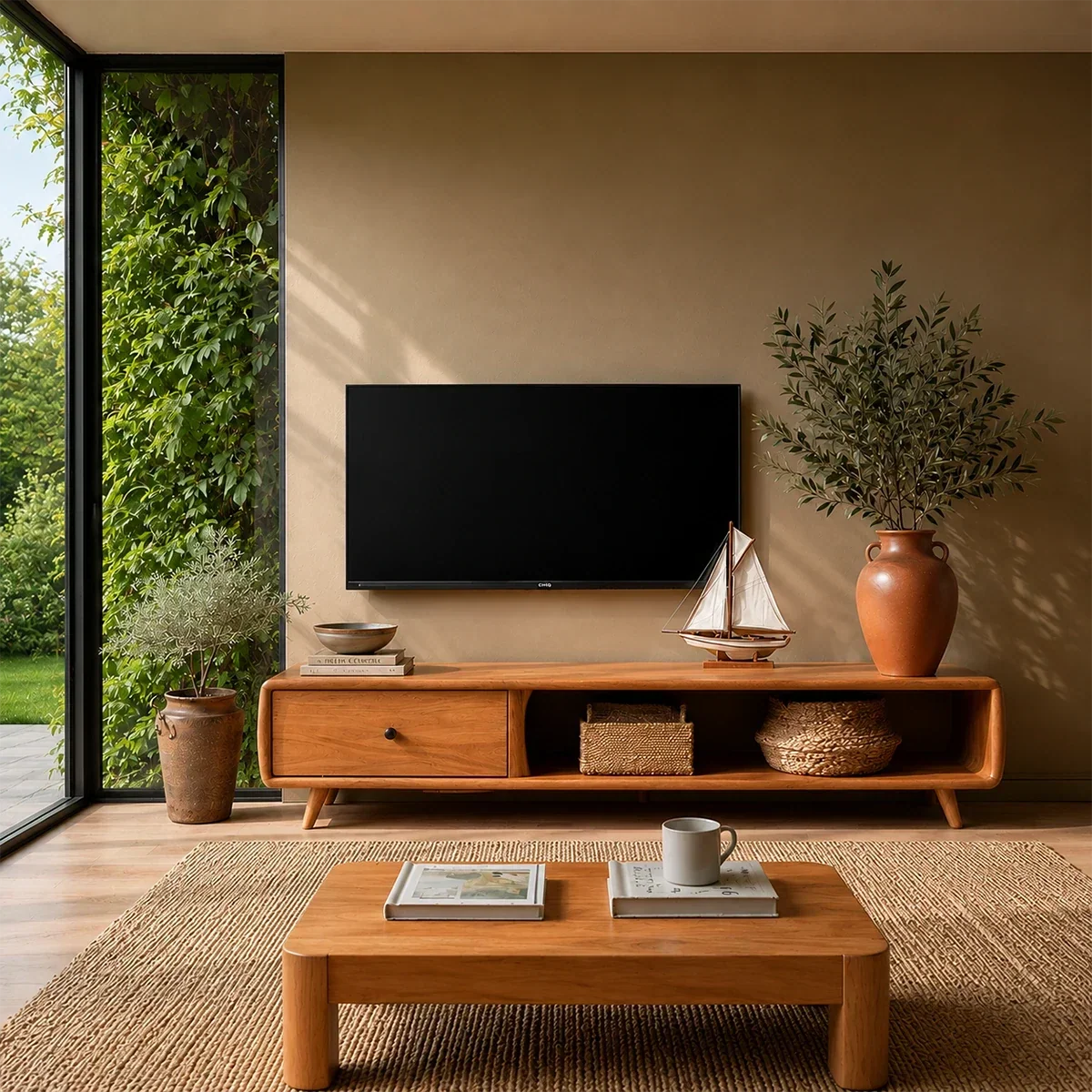 Modern Low Profile TV Stand in Natural Solid Wood with Drawer and Open Shelf - Arboriswood - 15