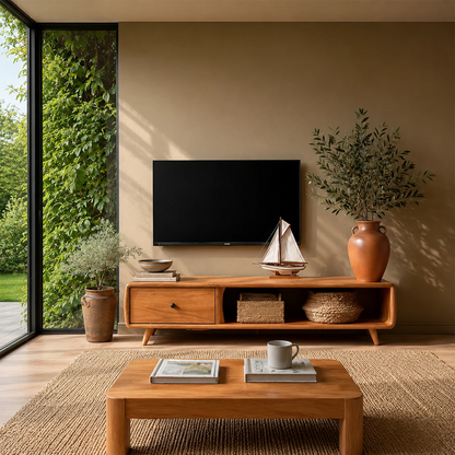 Modern Low Profile TV Stand in Natural Solid Wood with Drawer and Open Shelf - ArborisWood - 3