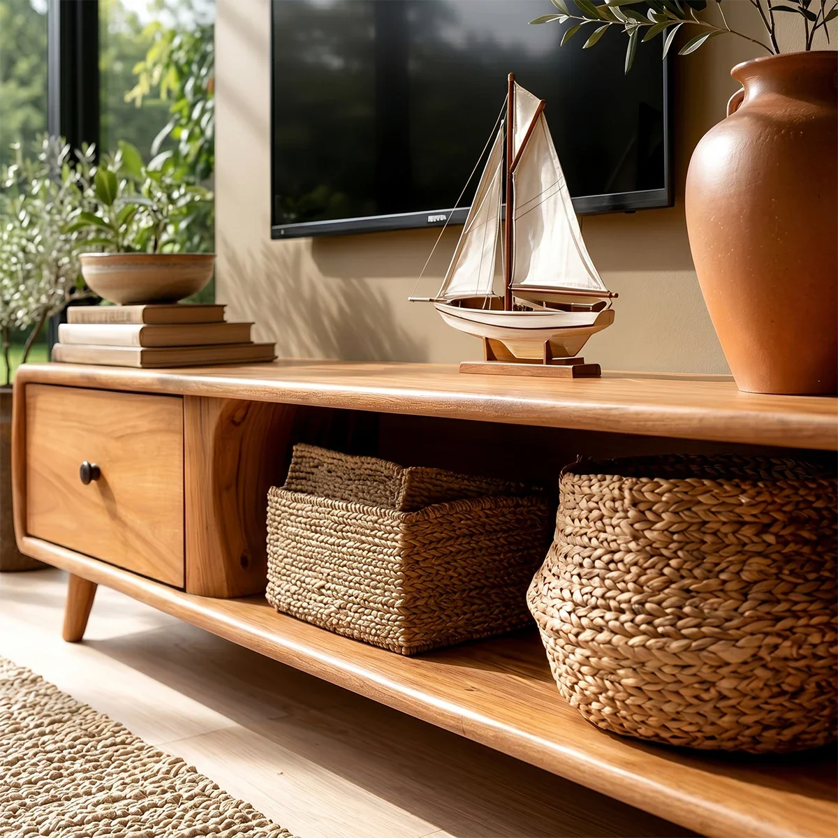 Modern Low Profile TV Stand in Natural Solid Wood with Drawer and Open Shelf - ArborisWood - 4