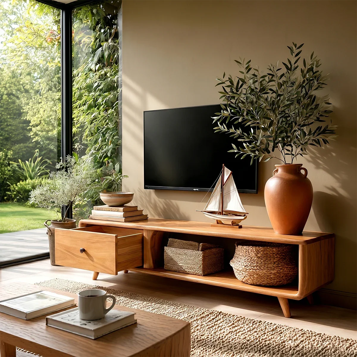 Modern Low Profile TV Stand in Natural Solid Wood with Drawer and Open Shelf - ArborisWood - 5