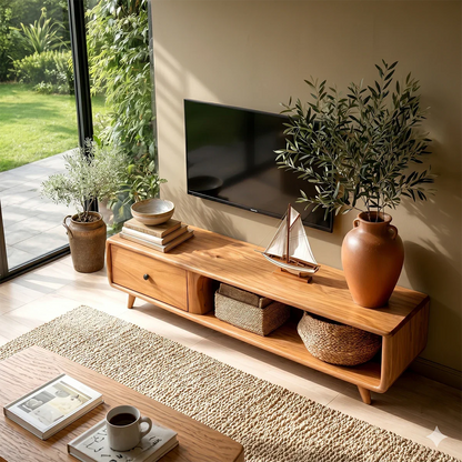 Modern Low Profile TV Stand in Natural Solid Wood with Drawer and Open Shelf - ArborisWood - 6