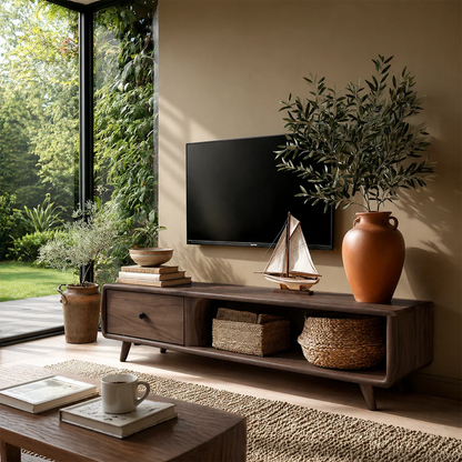Modern Low Profile TV Stand in Natural Solid Wood with Drawer and Open Shelf - ArborisWood - 7