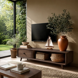 Modern Low Profile TV Stand in Natural Solid Wood with Drawer and Open Shelf - Arboriswood - 7