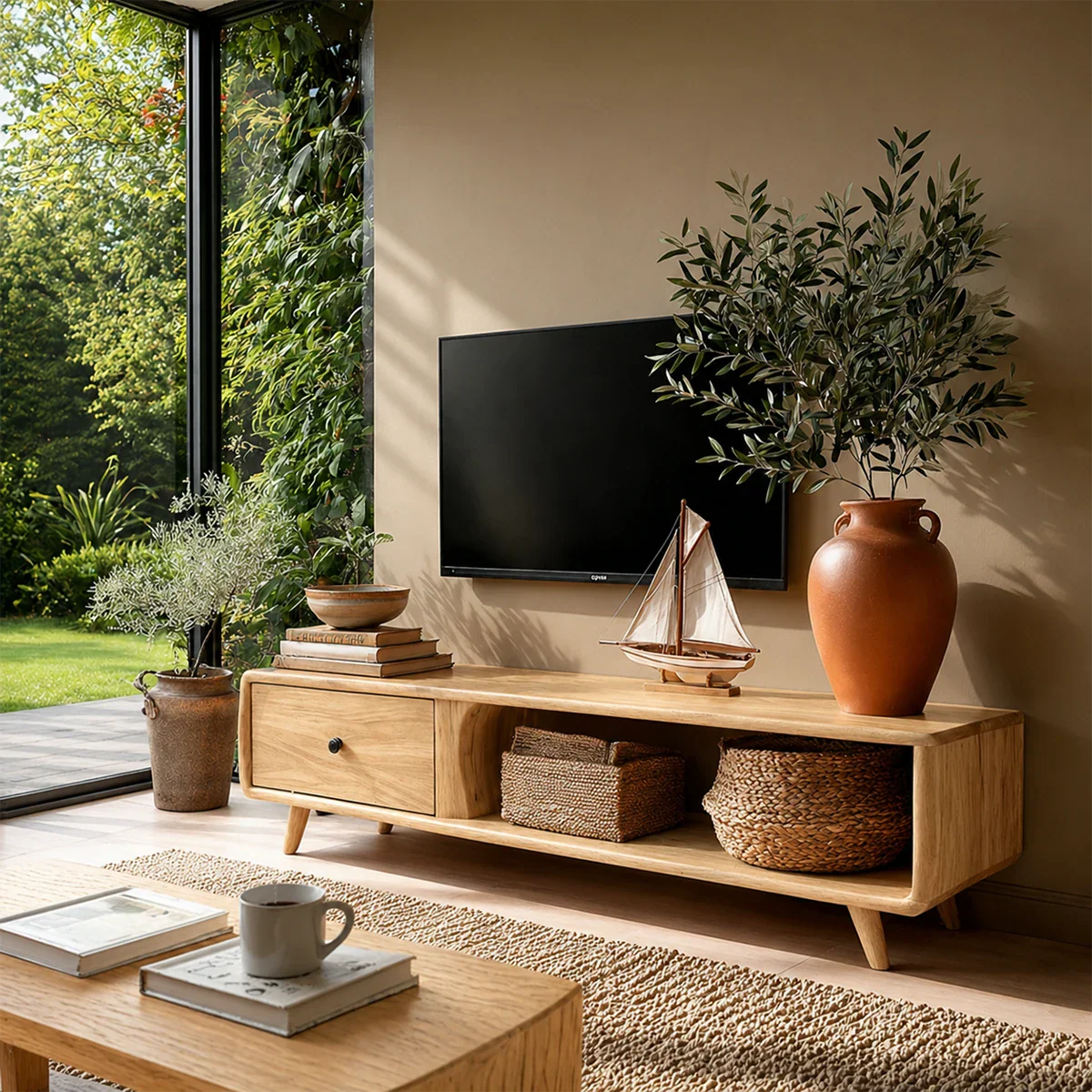 Modern Low Profile TV Stand in Natural Solid Wood with Drawer and Open Shelf - ArborisWood - 8