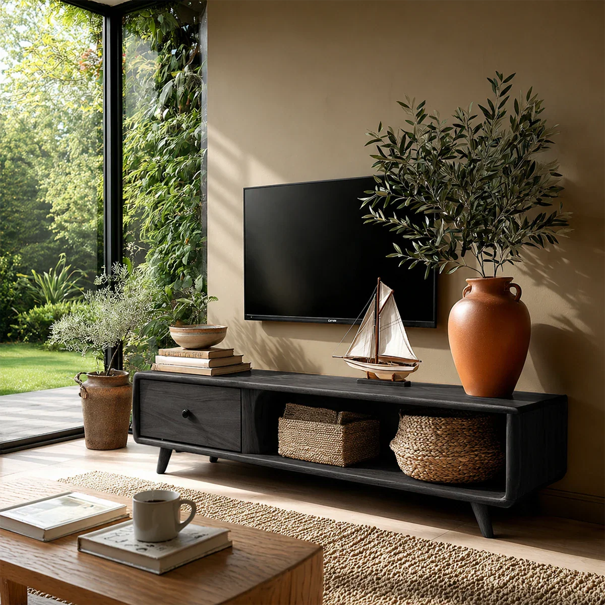 Modern Low Profile TV Stand in Natural Solid Wood with Drawer and Open Shelf - ArborisWood - 9