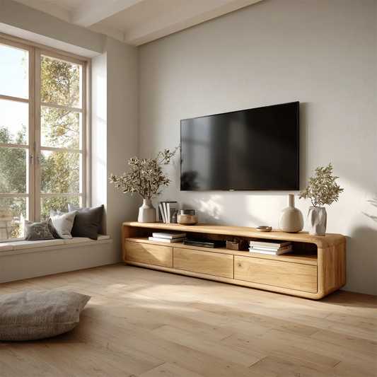Low TV stand with natural wood finish and open shelving for bright minimalist living room