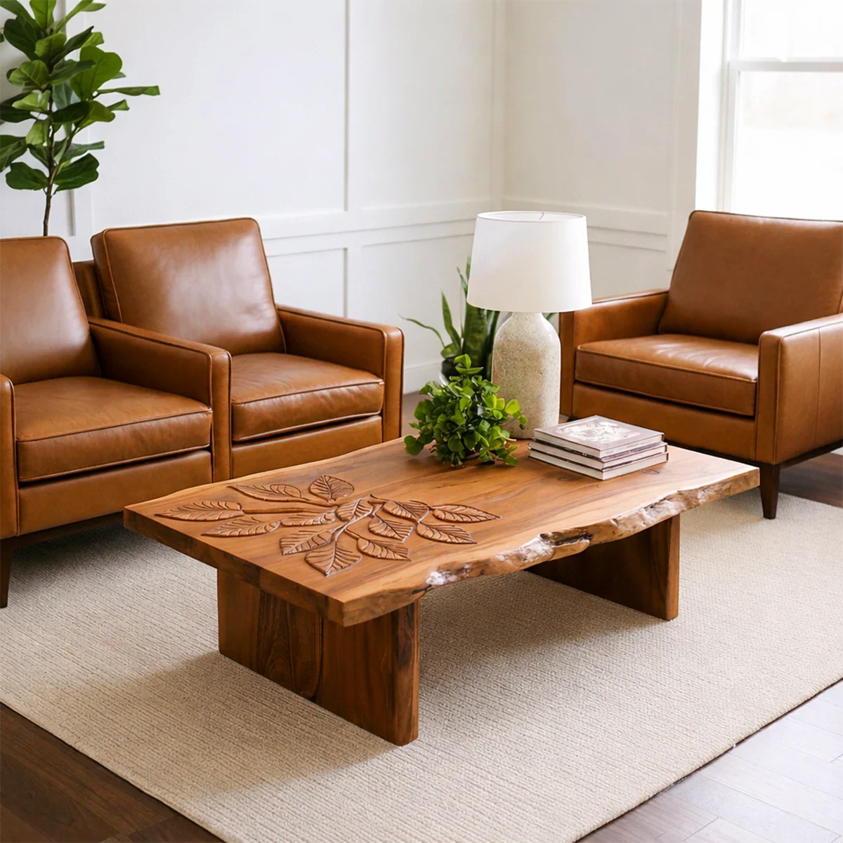 Matte brown coffee table with curved sculptural base and smooth surface in a modern living space