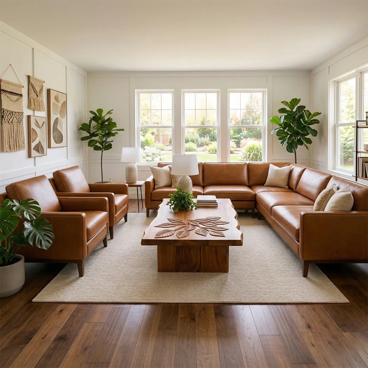 Coffee table in matte brown finish with flowing base design and rounded edges in a bright interior