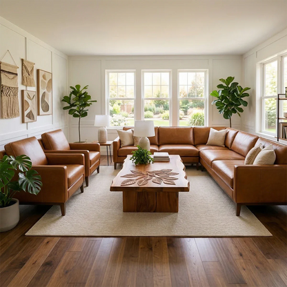 Coffee table in matte brown finish with flowing base design and rounded edges in a bright interior