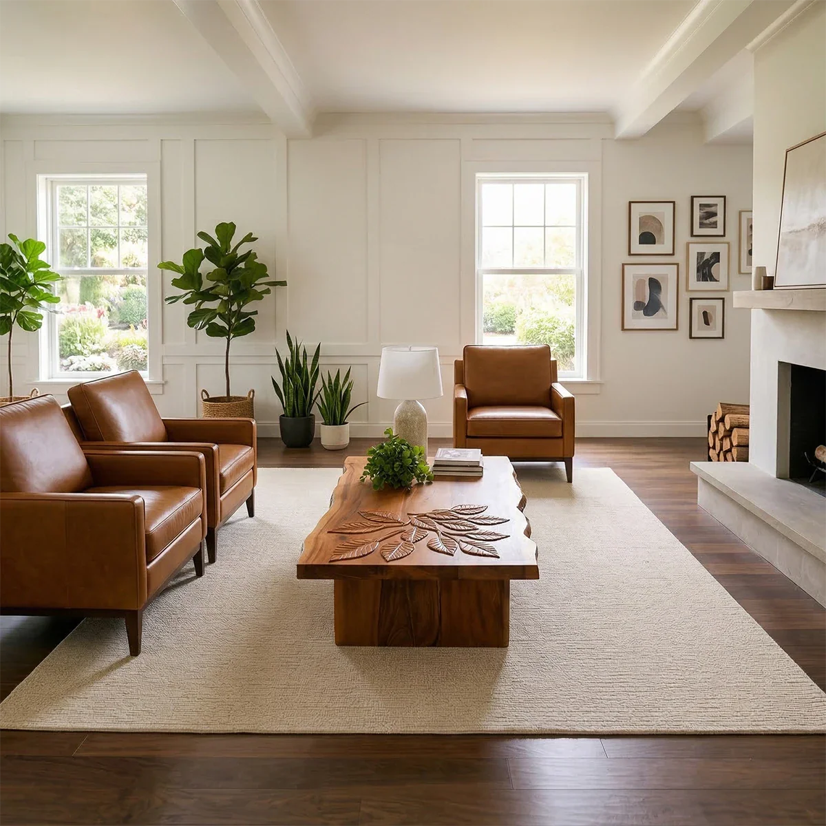 Modern coffee table with matte brown finish and organic base shape in a calm living room setting