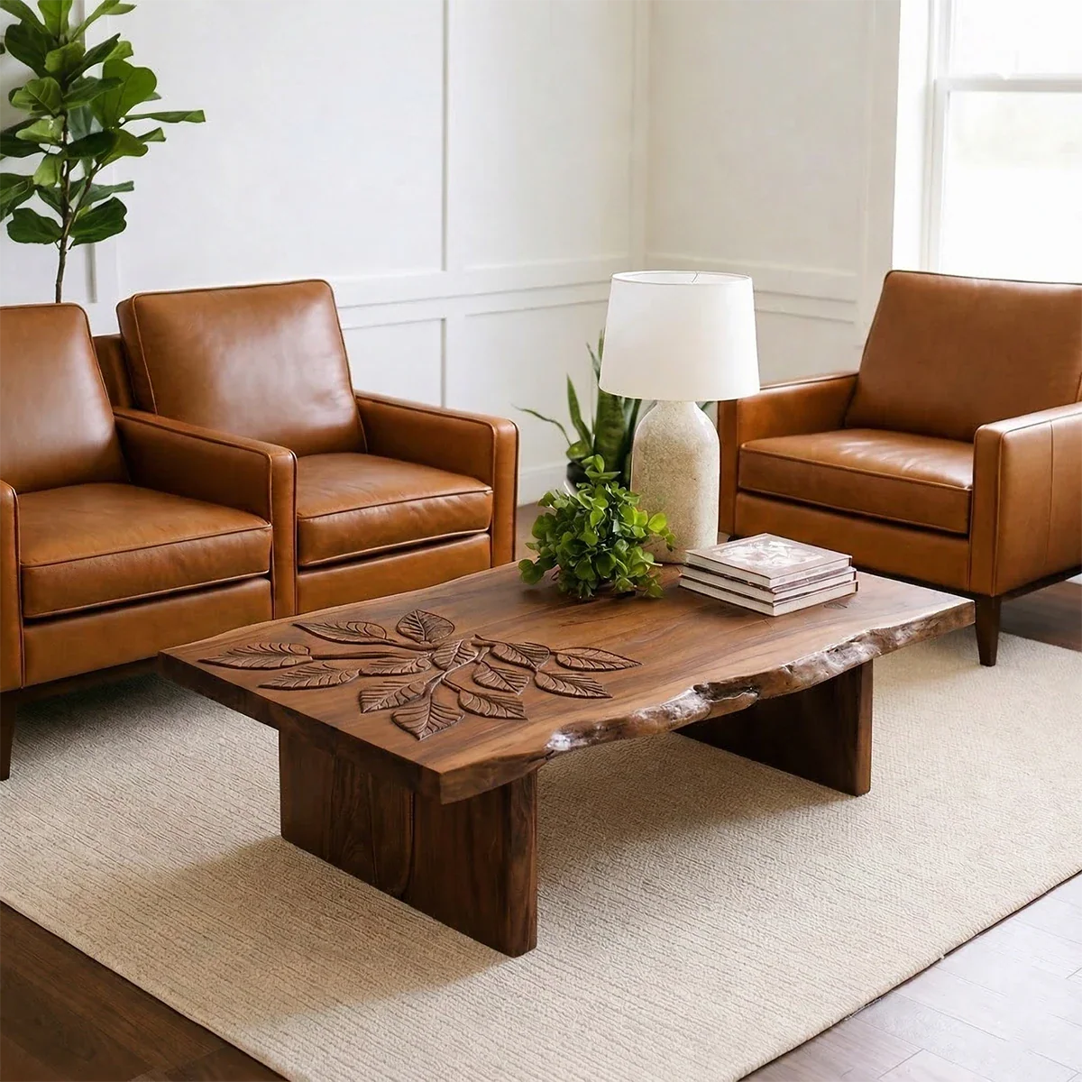 Coffee table with matte walnut finish featuring smooth edges and balanced design in a modern space