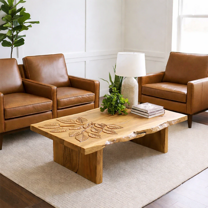 Matte oak coffee table with organic silhouette and smooth surface in a minimalist living room