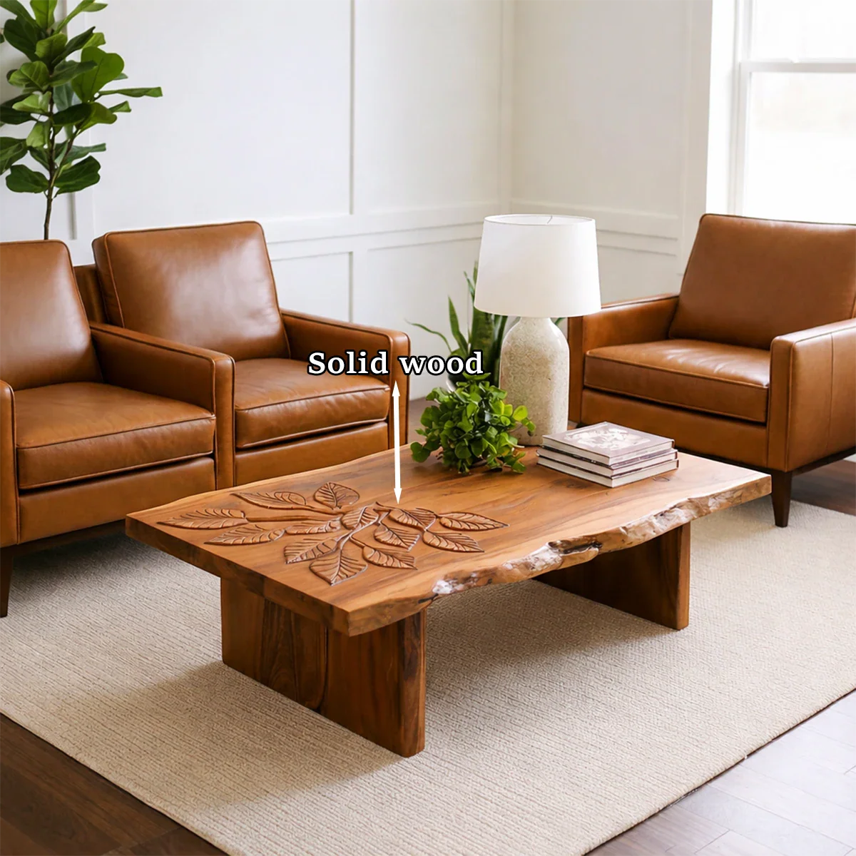 Coffee table in matte brown finish with artistic base design and soft curves in a bright interior