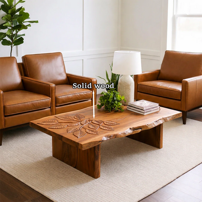 Coffee table in matte brown finish with artistic base design and soft curves in a bright interior